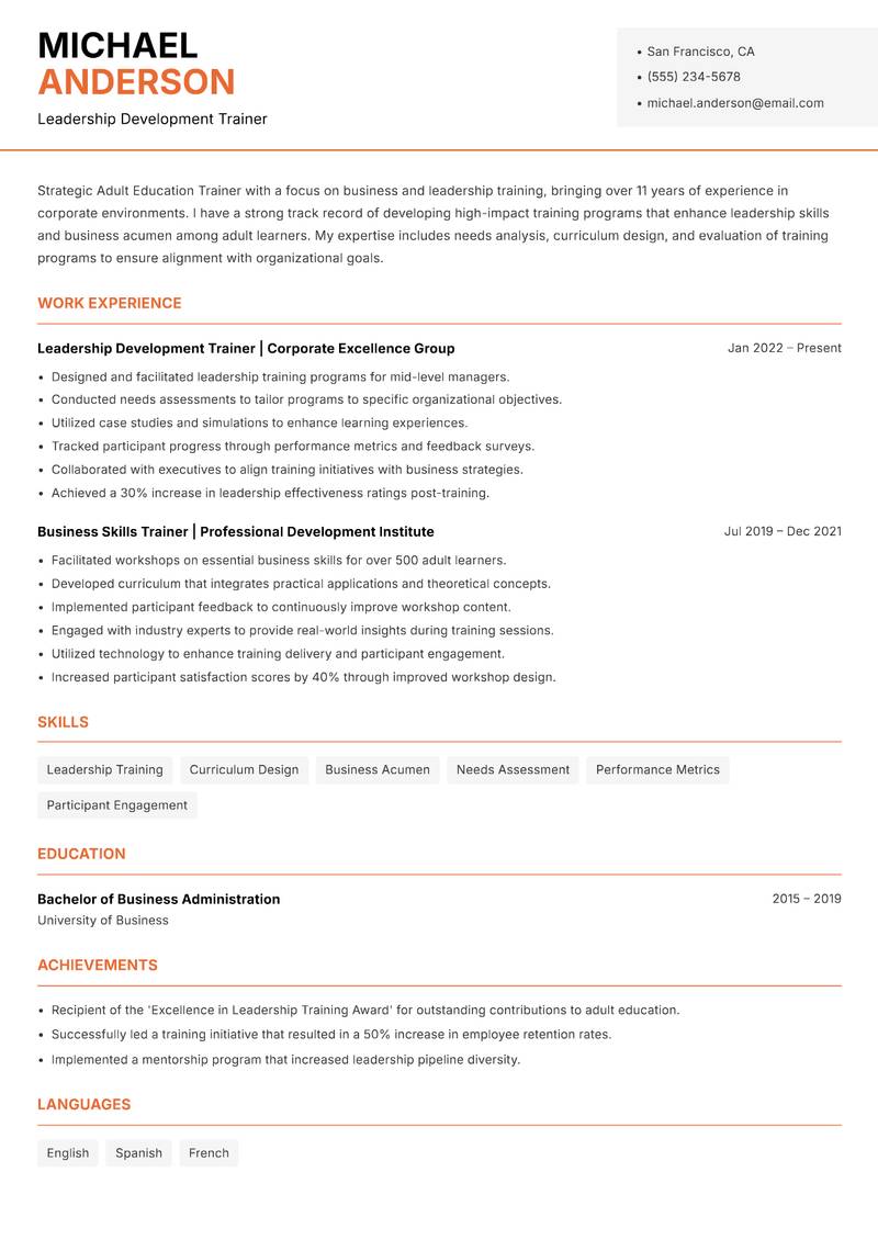 Adult Education Trainer resume sample — Leadership Development Trainer focus