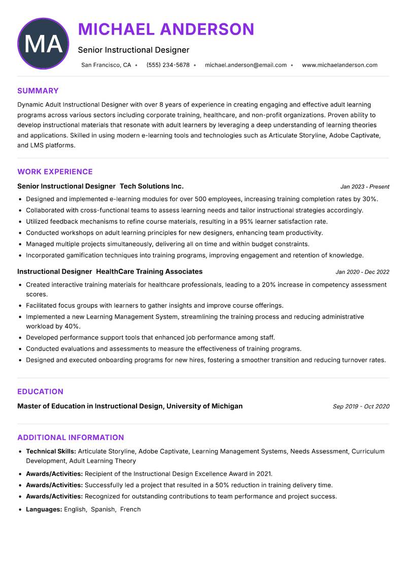 Adult Instructional Designer resume example