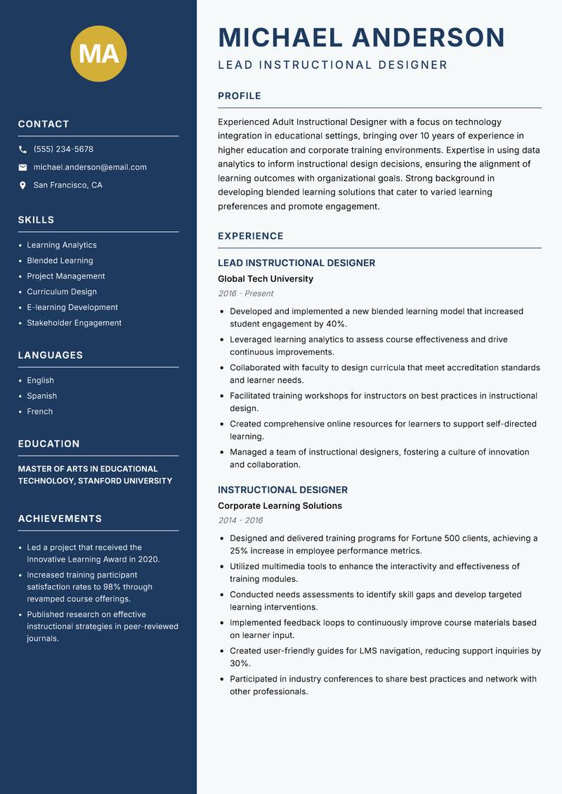 Adult Instructional Designer resume sample — Lead Instructional Designer focus