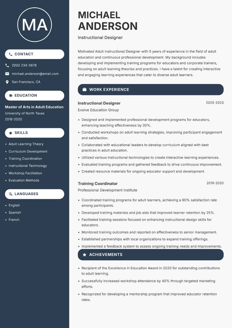 Adult Instructional Designer resume sample — Instructional Designer focus