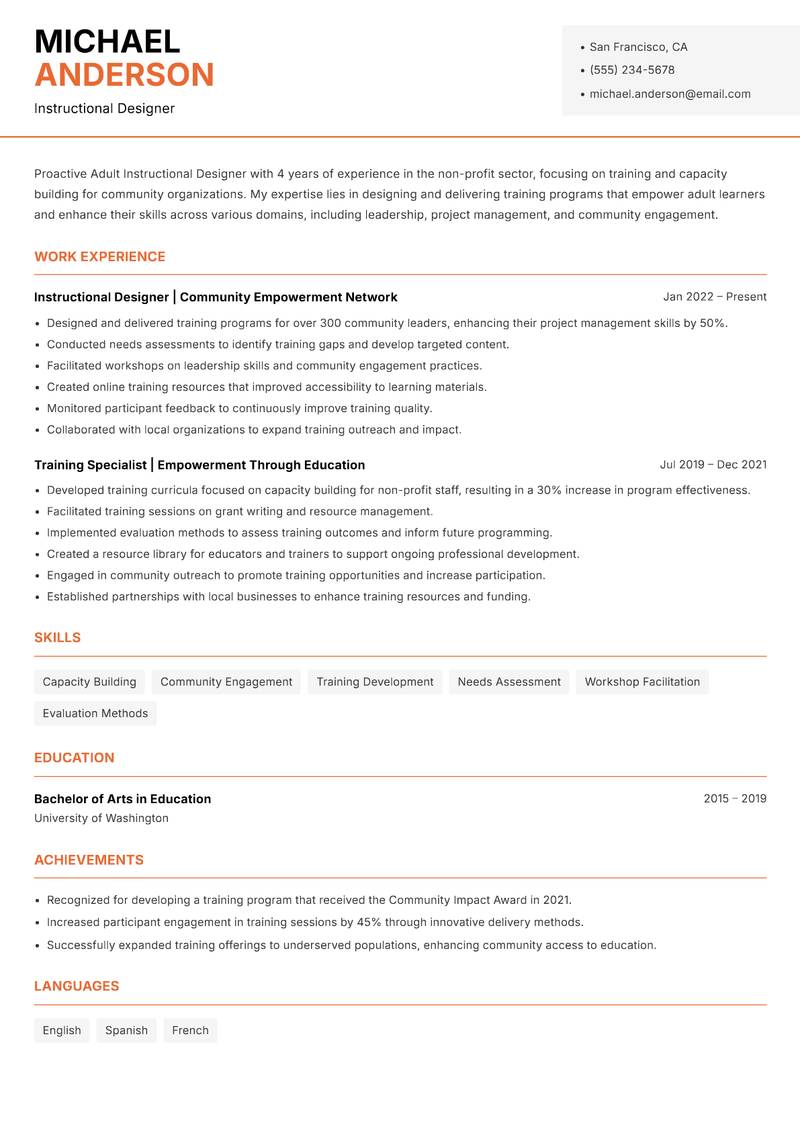 Adult Instructional Designer resume sample — Instructional Designer focus