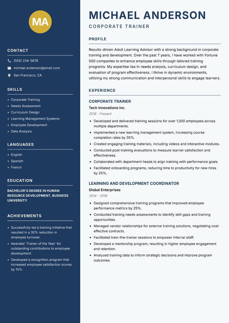 Adult Learning Advisor resume sample — Corporate Trainer focus