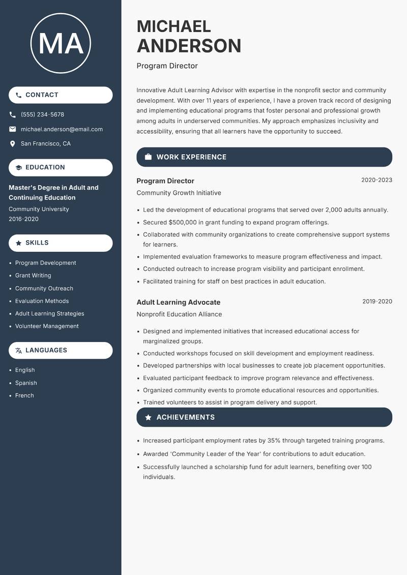 Adult Learning Advisor resume sample — Program Director focus
