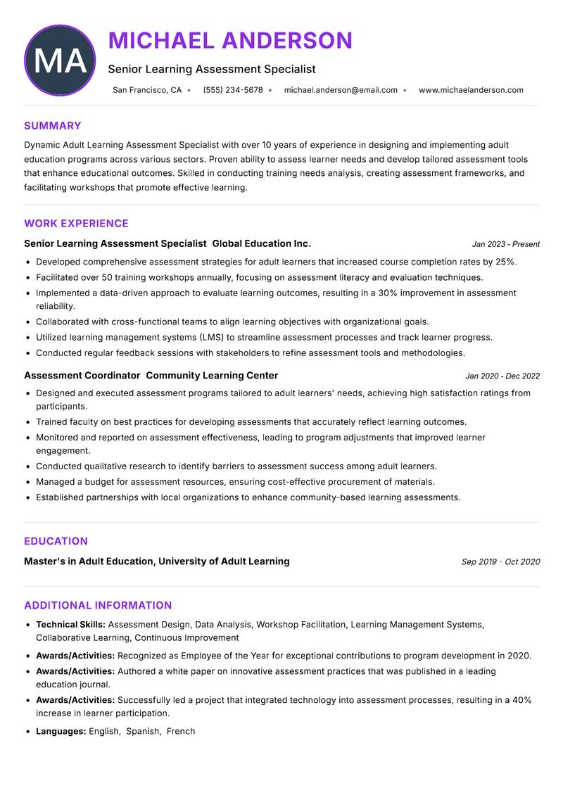 Adult Learning Assessment Specialist resume example