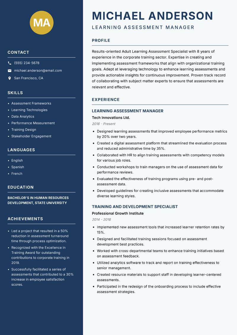 Adult Learning Assessment Specialist resume sample — Learning Assessment Manager focus
