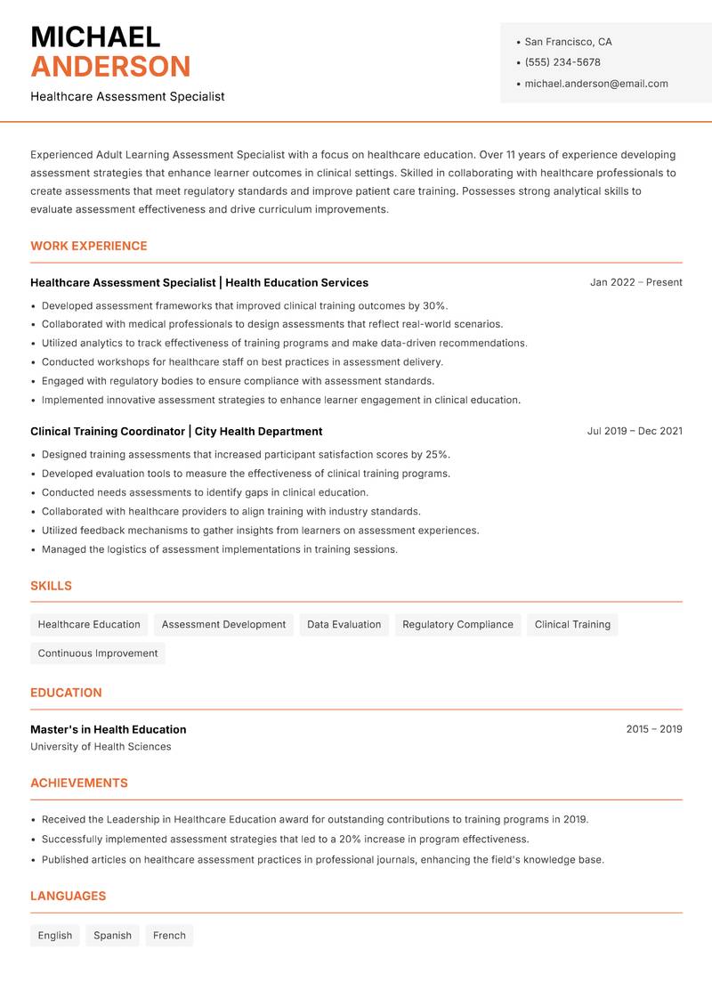 Adult Learning Assessment Specialist resume sample — Healthcare Assessment Specialist focus