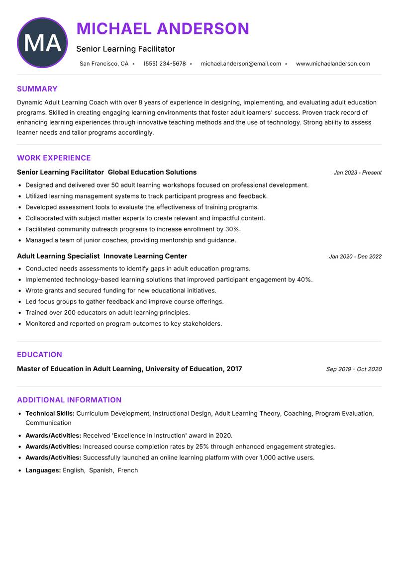 Adult Learning Coach resume example