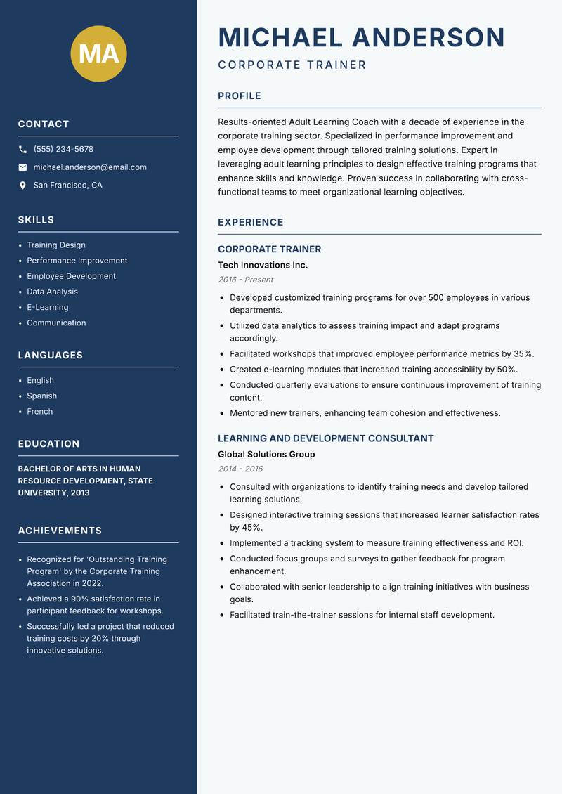 Adult Learning Coach resume sample — Corporate Trainer focus