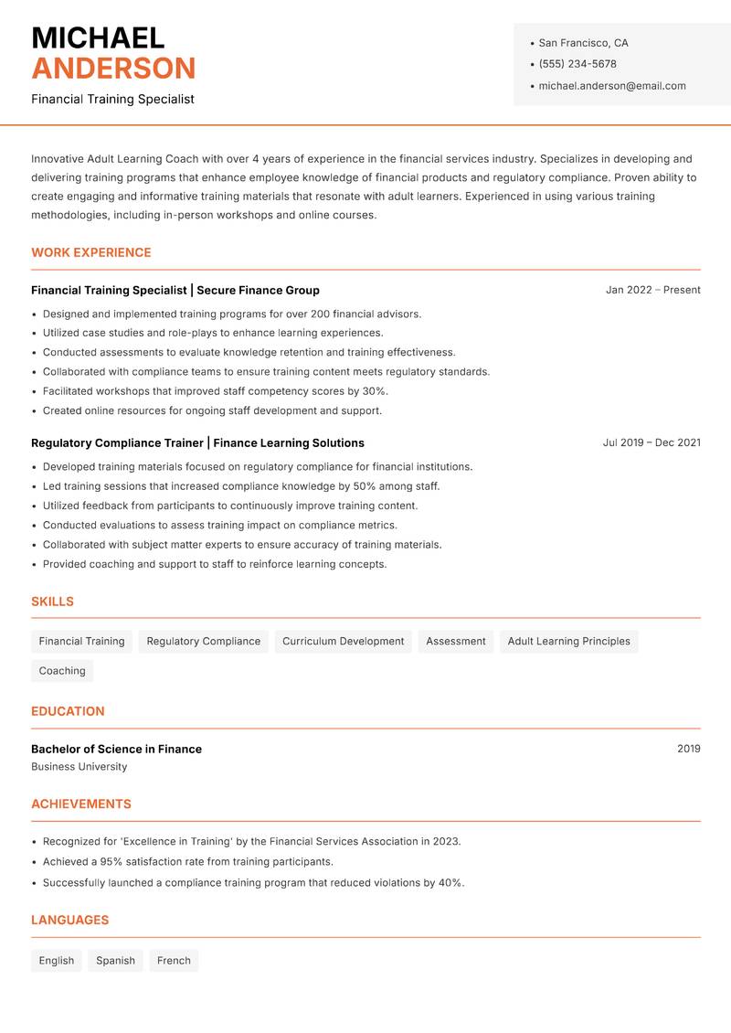 Adult Learning Coach resume sample — Financial Training Specialist focus