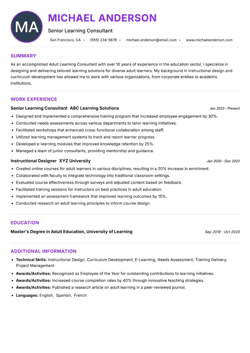 Adult Learning Consultant resume example