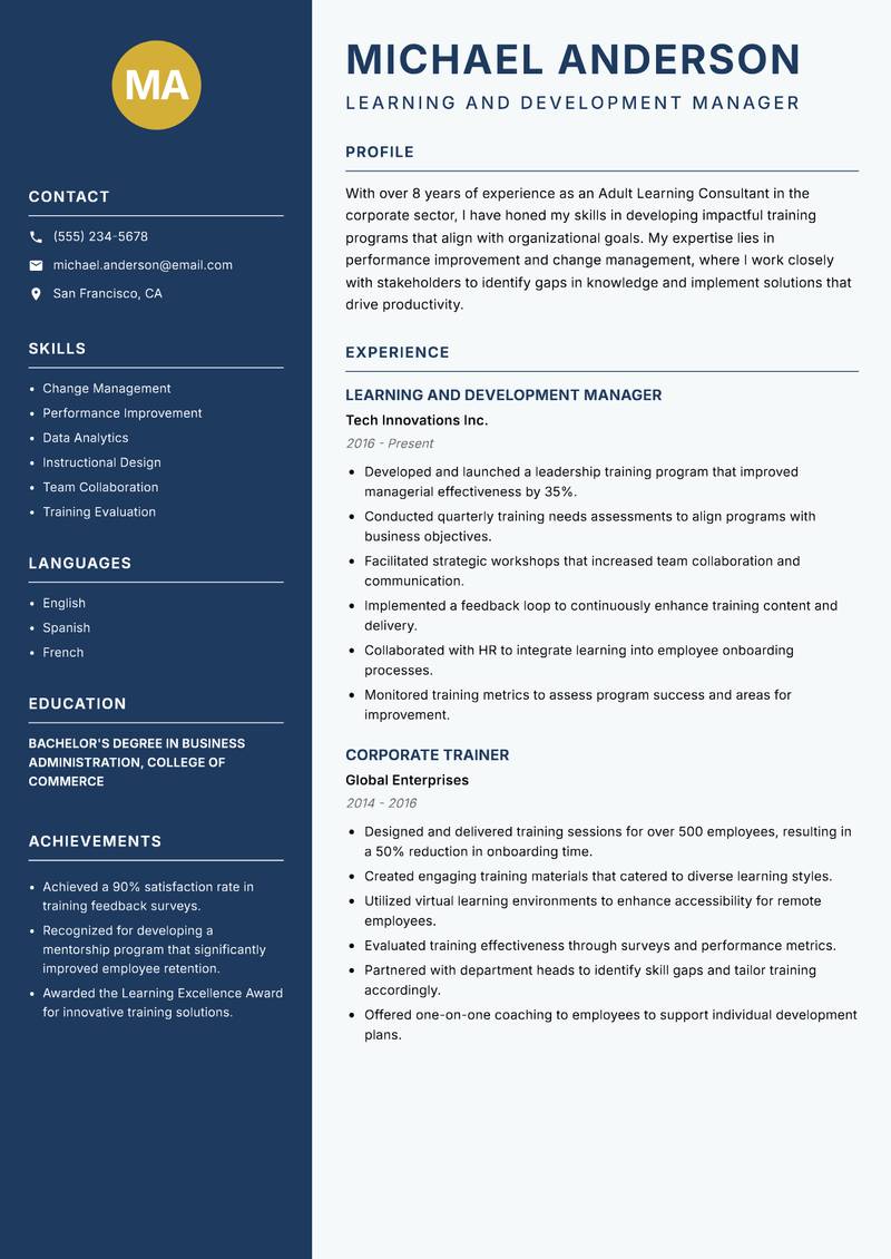 Adult Learning Consultant resume sample — Learning and Development Manager focus
