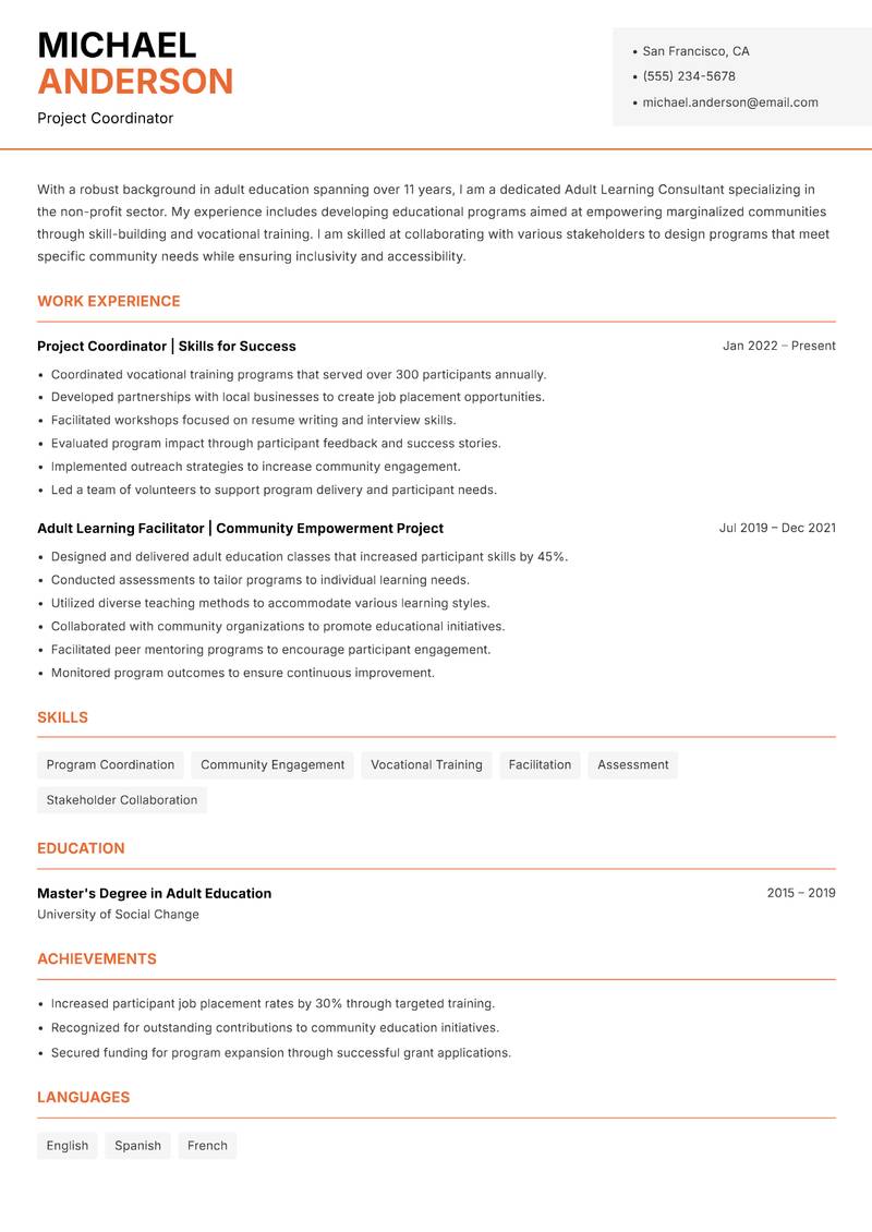 Adult Learning Consultant resume sample — Project Coordinator focus