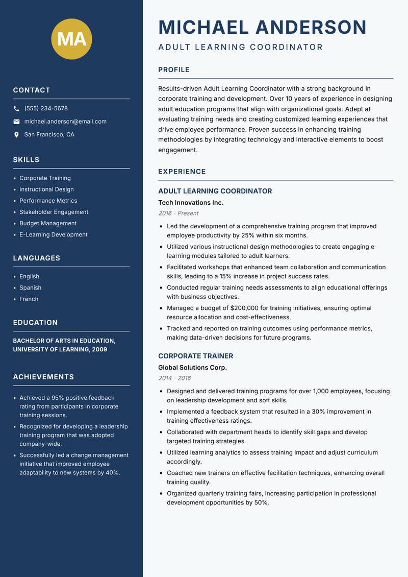 Adult Learning Coordinator resume sample — Adult Learning Coordinator focus
