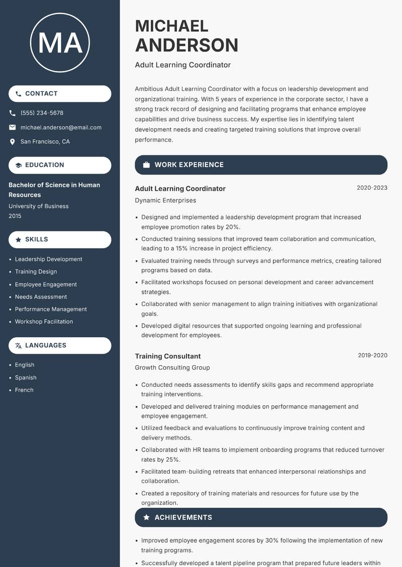 Adult Learning Coordinator resume sample — Adult Learning Coordinator focus