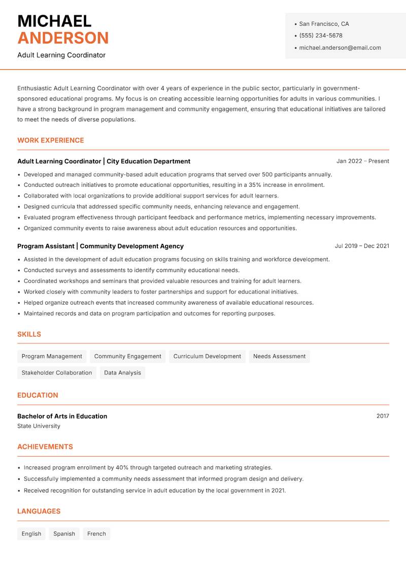 Adult Learning Coordinator resume sample — Adult Learning Coordinator focus
