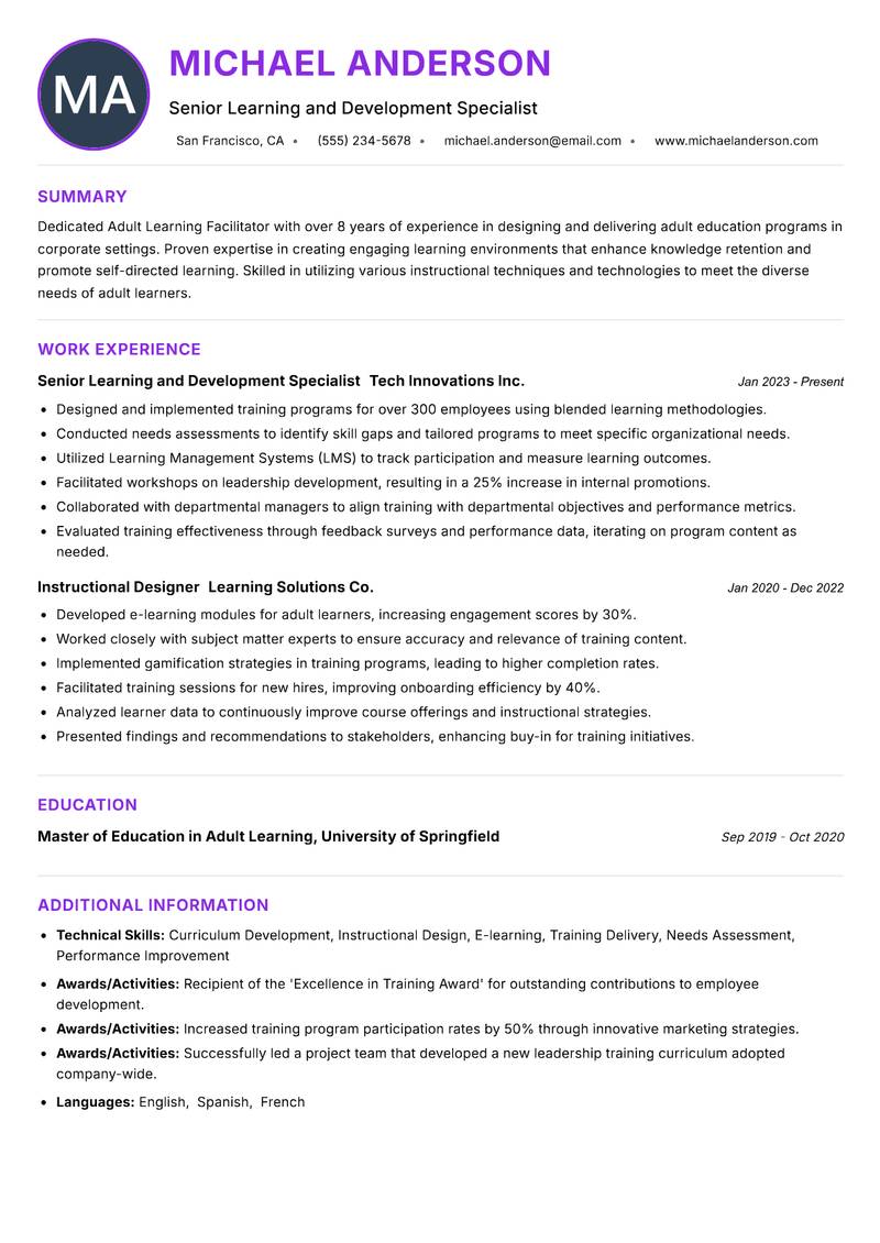 Adult Learning Facilitator resume example