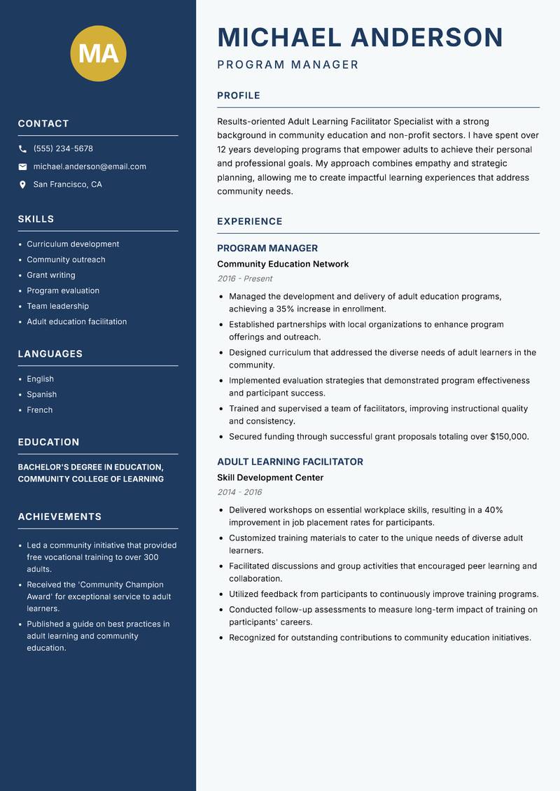 Adult Learning Facilitator Specialist resume sample — Program Manager focus