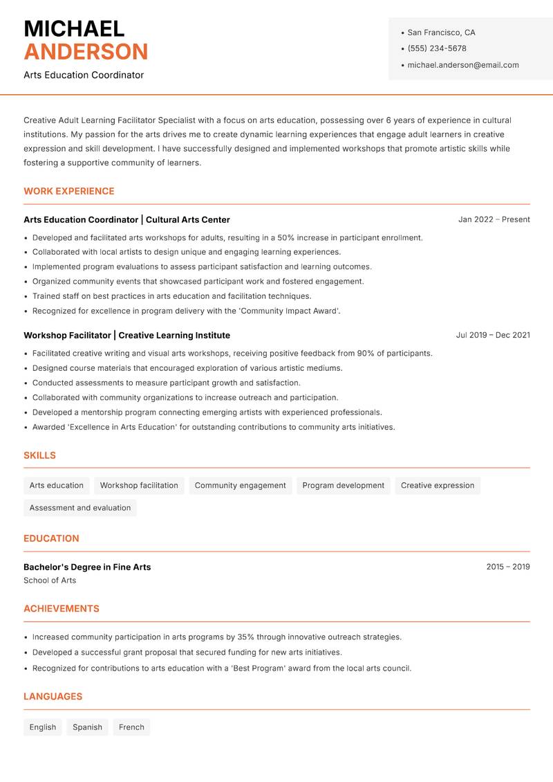 Adult Learning Facilitator Specialist resume sample — Arts Education Coordinator focus