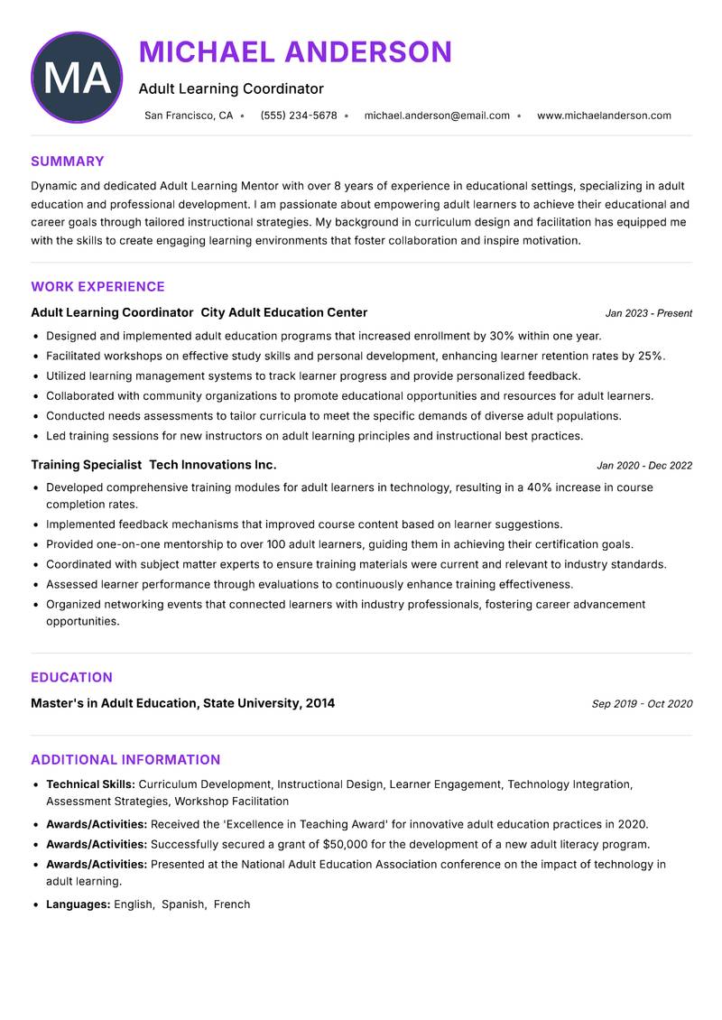 Adult Learning Mentor resume example