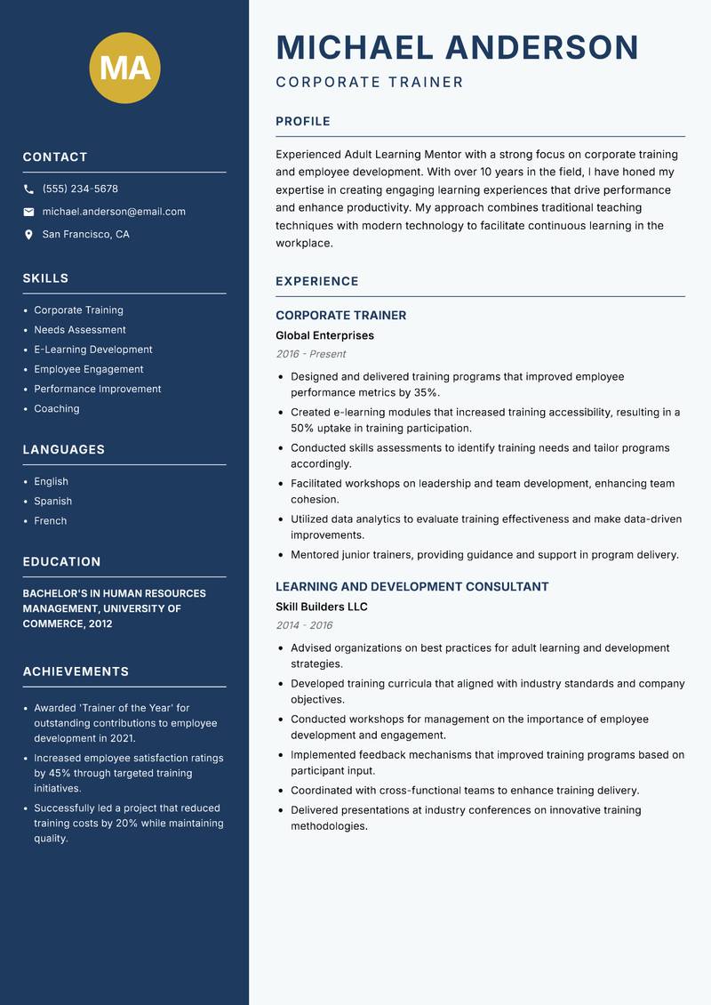 Adult Learning Mentor resume sample — Corporate Trainer focus