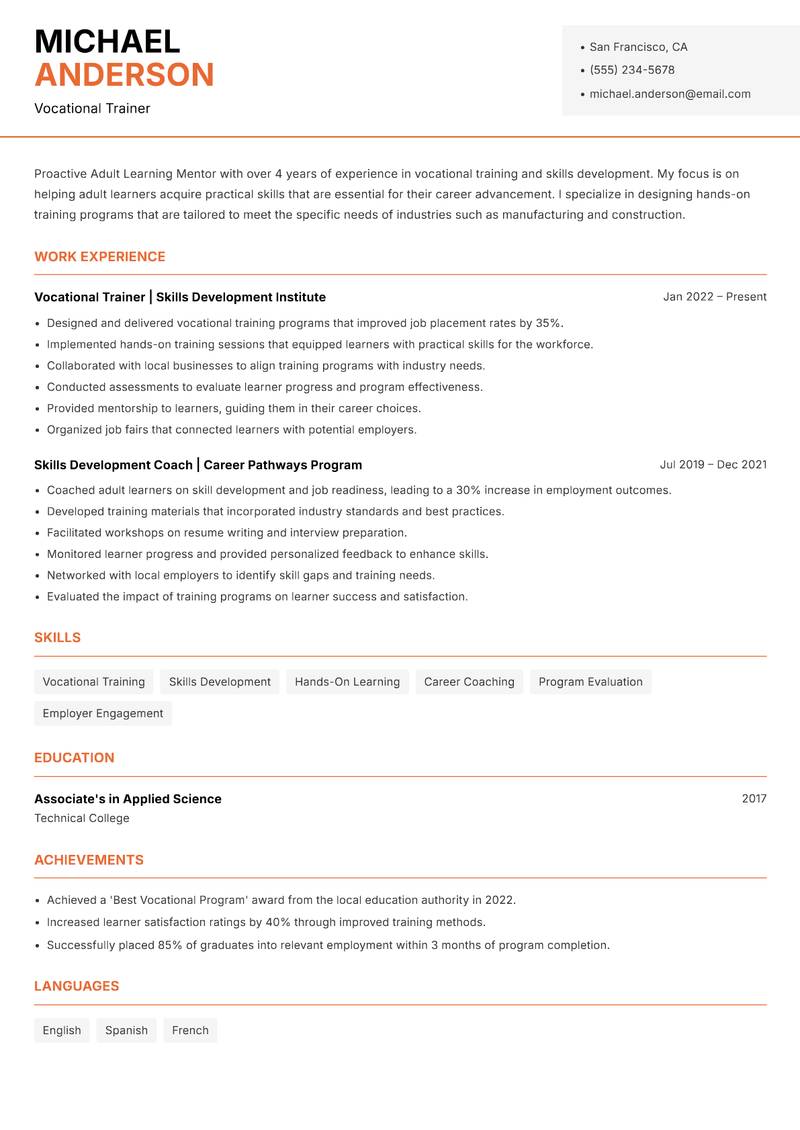Adult Learning Mentor resume sample — Vocational Trainer focus