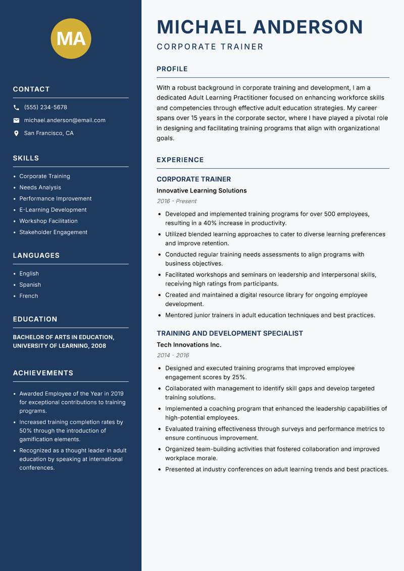 Adult Learning Practitioner resume sample — Corporate Trainer focus