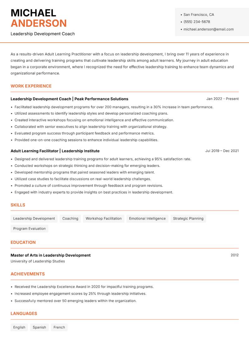 Adult Learning Practitioner resume sample — Leadership Development Coach focus