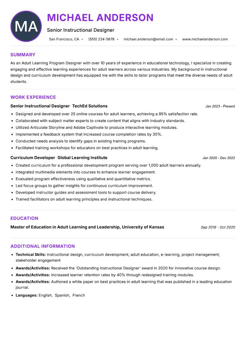 Adult Learning Program Designer resume example