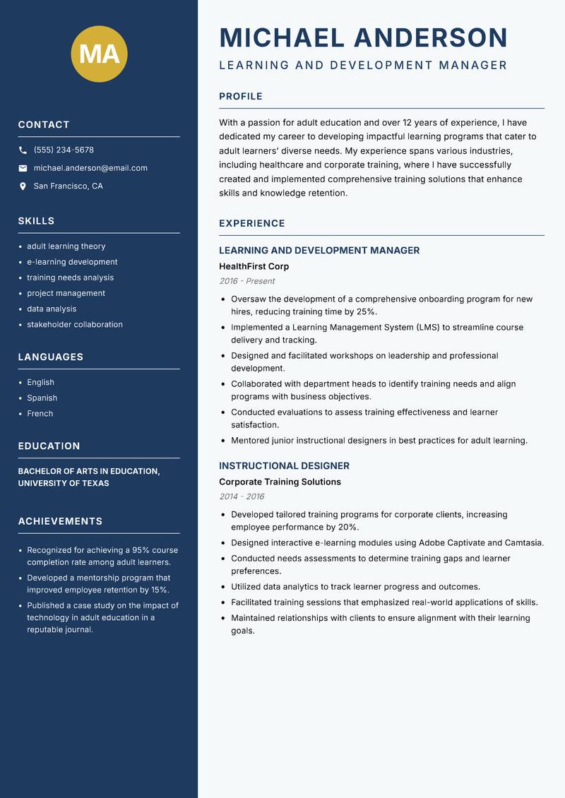 Adult Learning Program Designer resume sample — Learning and Development Manager focus
