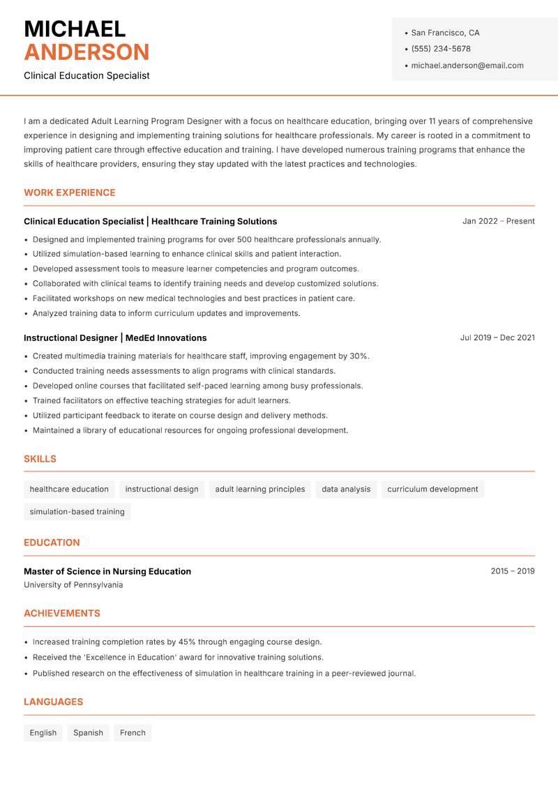 Adult Learning Program Designer resume sample — Clinical Education Specialist focus