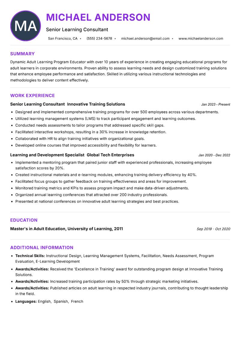 Adult Learning Program Educator resume example