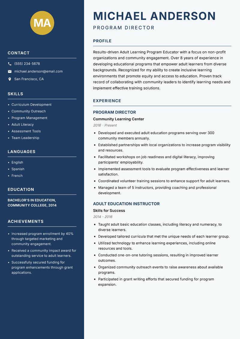 Adult Learning Program Educator resume sample — Program Director focus