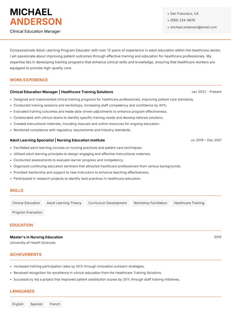 Adult Learning Program Educator resume sample — Clinical Education Manager focus