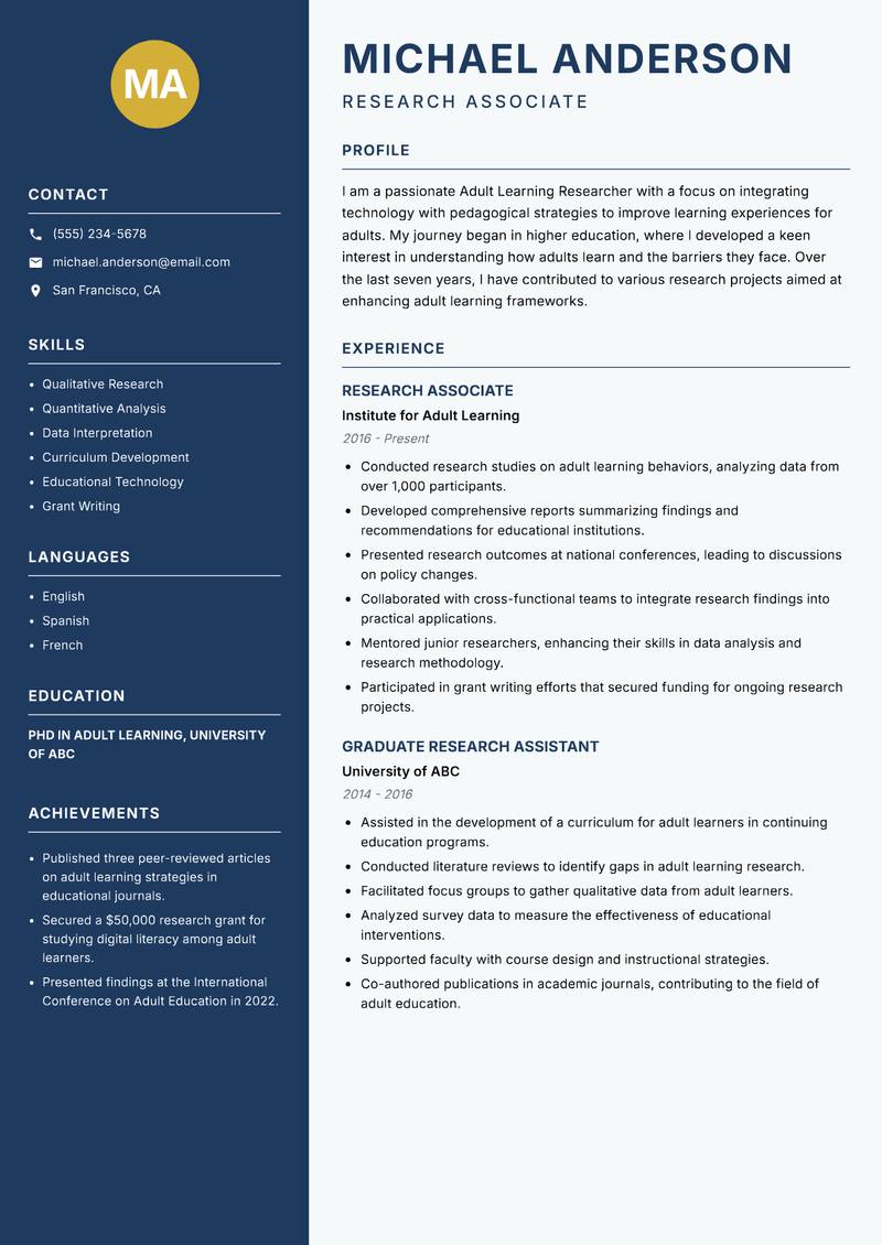 Adult Learning Researcher resume sample — Research Associate focus