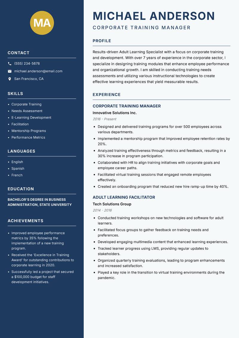 Adult Learning Specialist resume sample — Corporate Training Manager focus