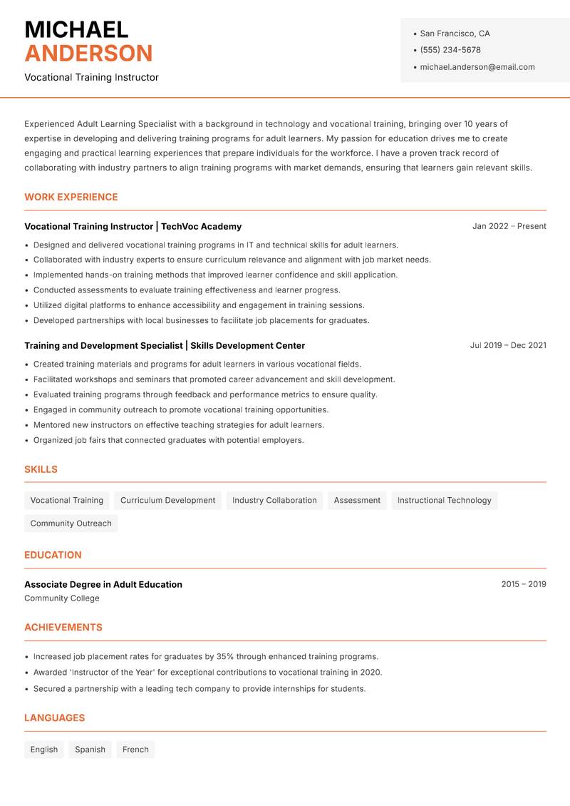 Adult Learning Specialist resume sample — Vocational Training Instructor focus