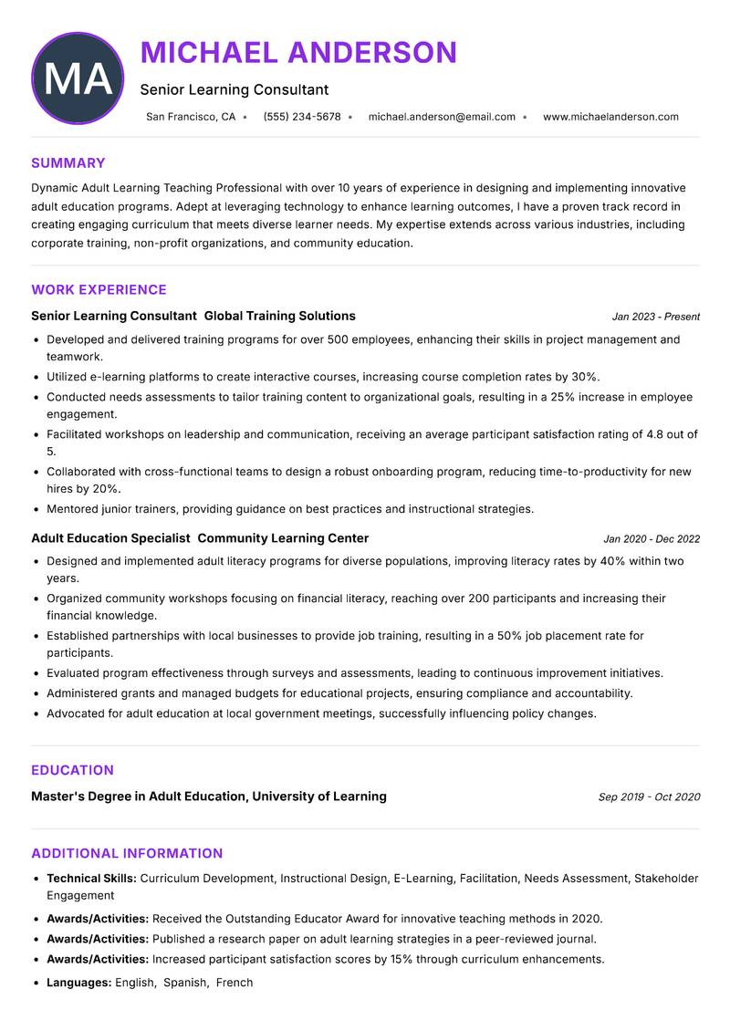 Adult Learning Teaching Professional resume example