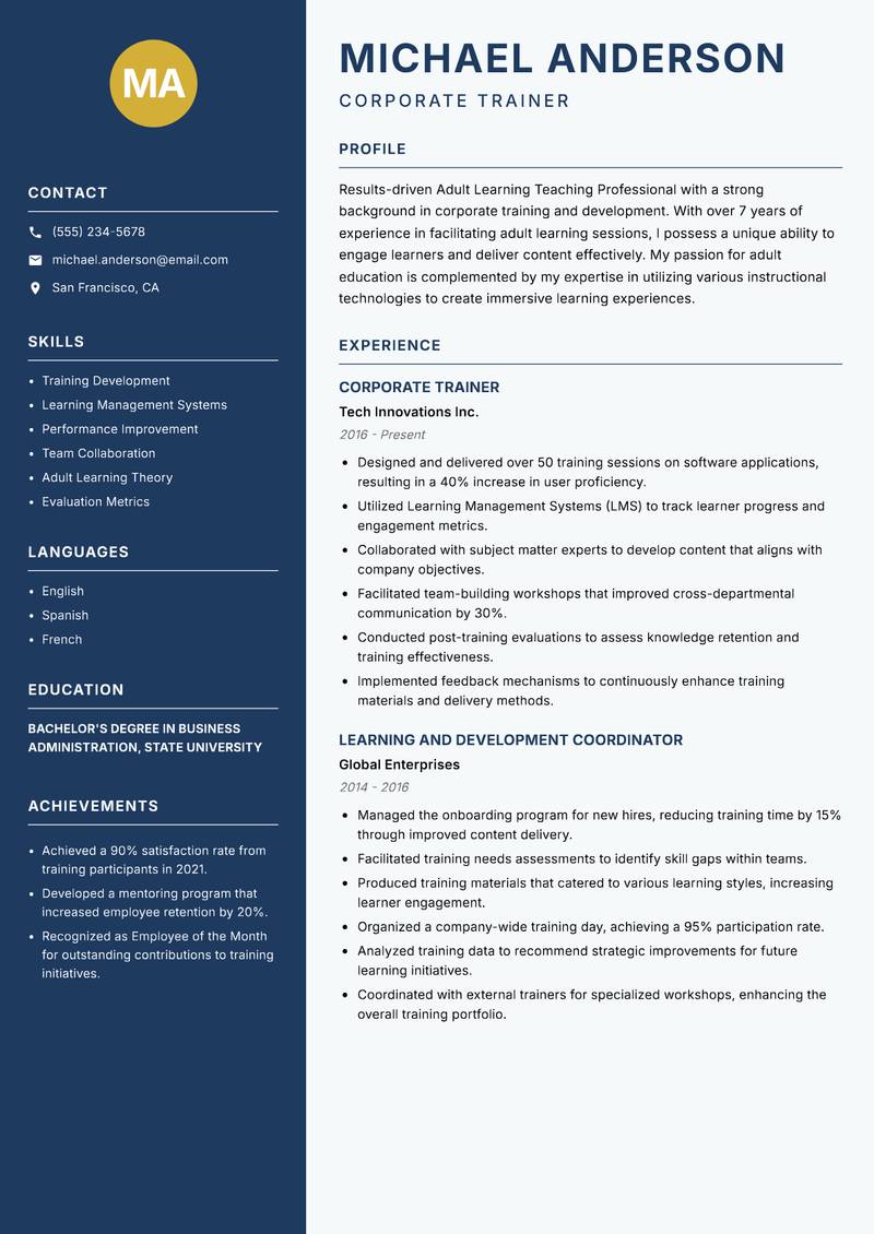 Adult Learning Teaching Professional resume sample — Corporate Trainer focus