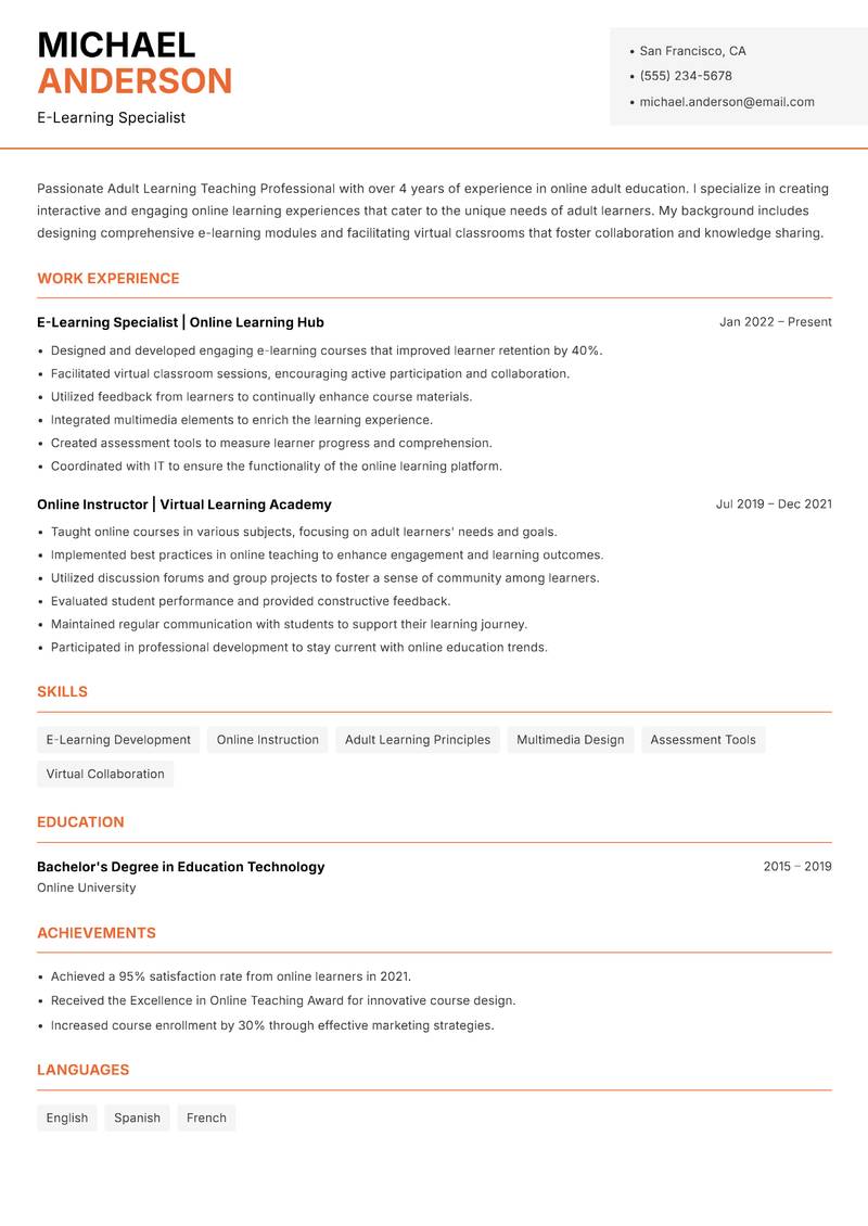 Adult Learning Teaching Professional resume sample — E-Learning Specialist focus