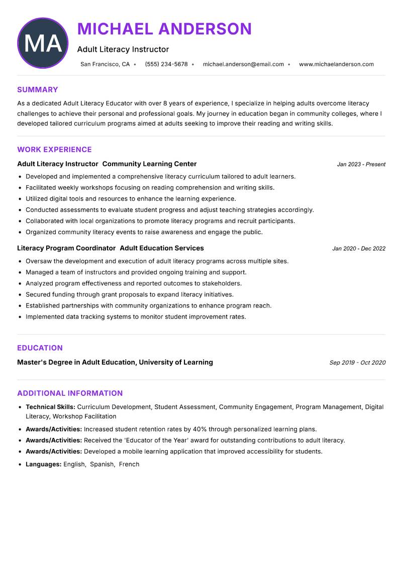 Adult Literacy Educator resume example