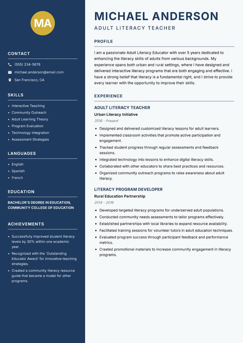 Adult Literacy Educator resume sample — Adult Literacy Teacher focus