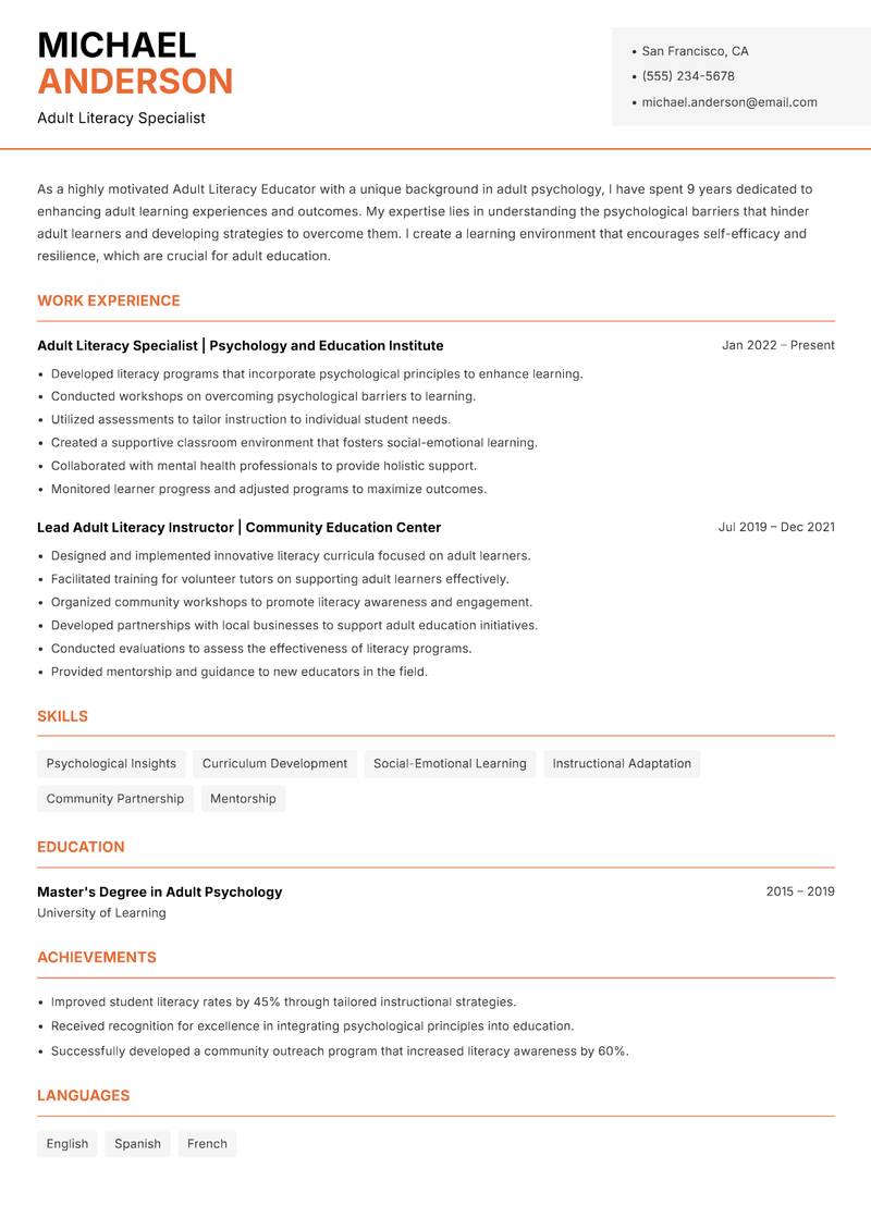Adult Literacy Educator resume sample — Adult Literacy Specialist focus