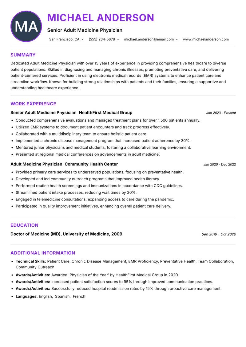 Adult Medicine Physician resume example — General Medicine