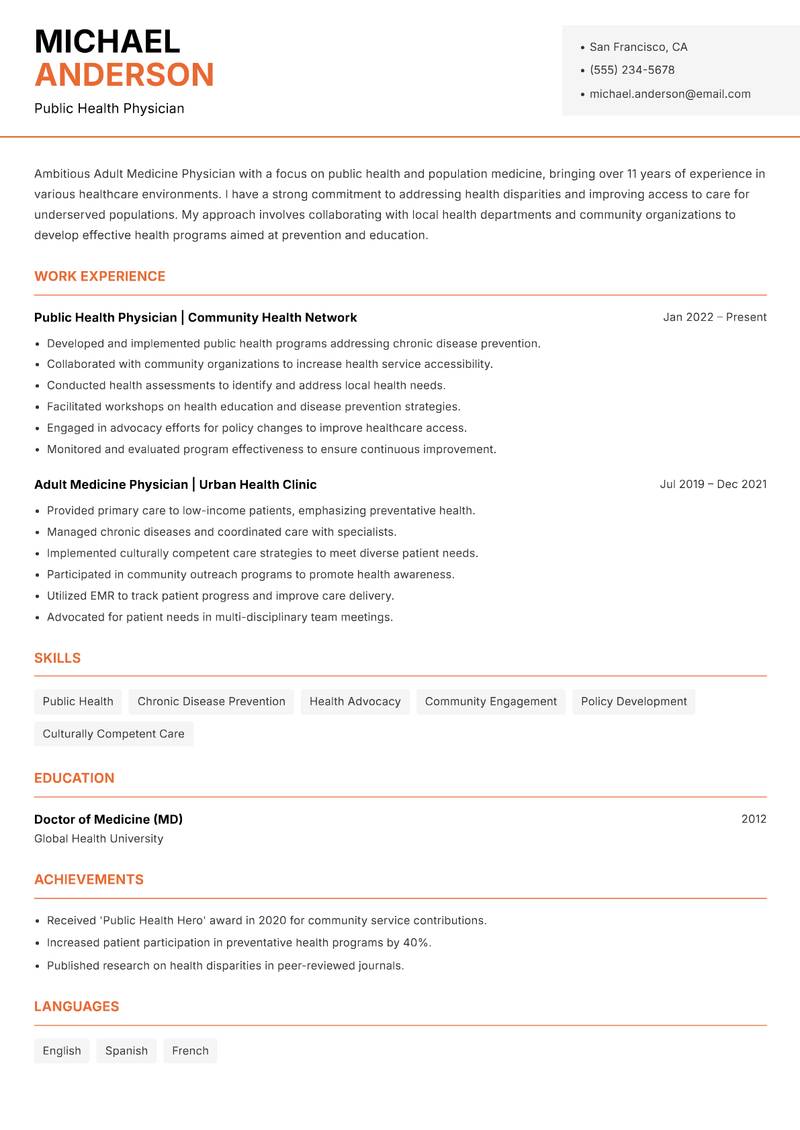 Adult Medicine Physician resume sample — Public Health Physician focus