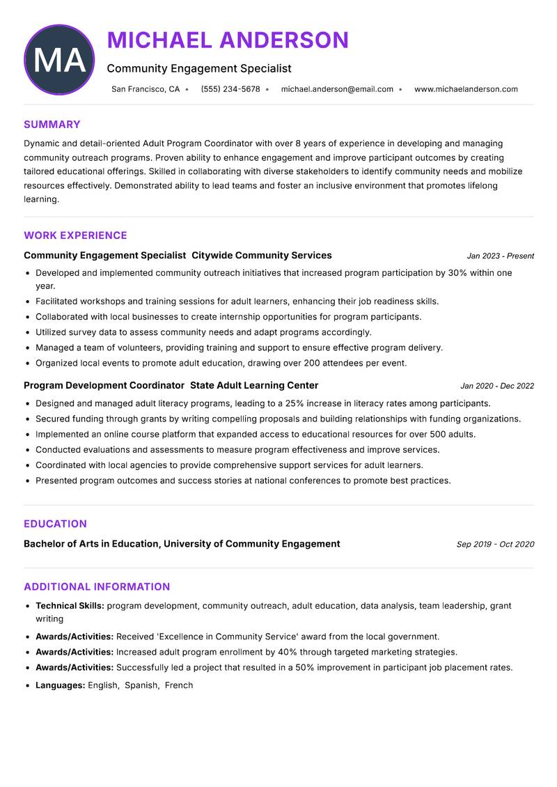 Adult Program Coordinator resume example