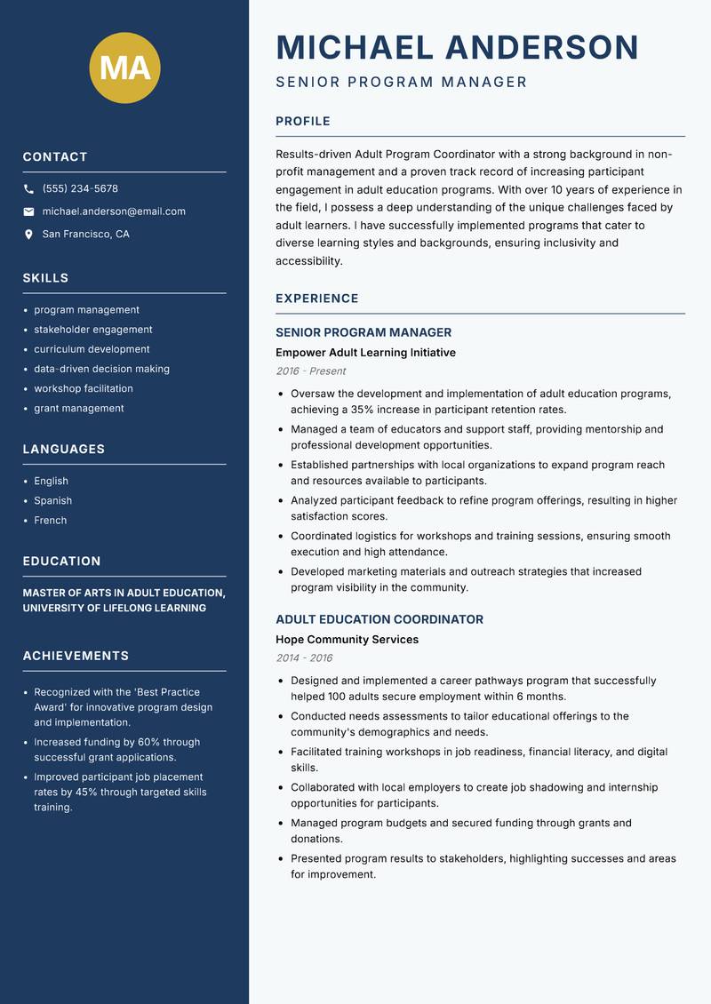 Adult Program Coordinator resume sample — Senior Program Manager focus