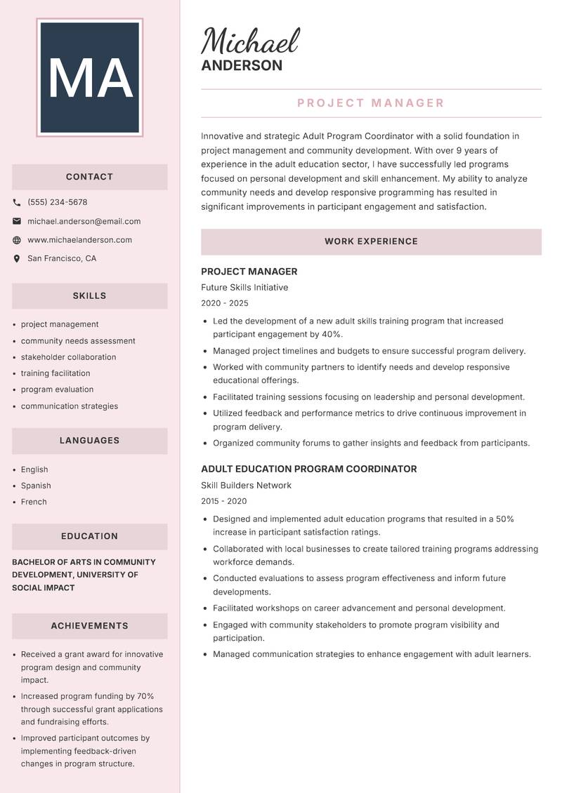Adult Program Coordinator resume sample — Project Manager focus