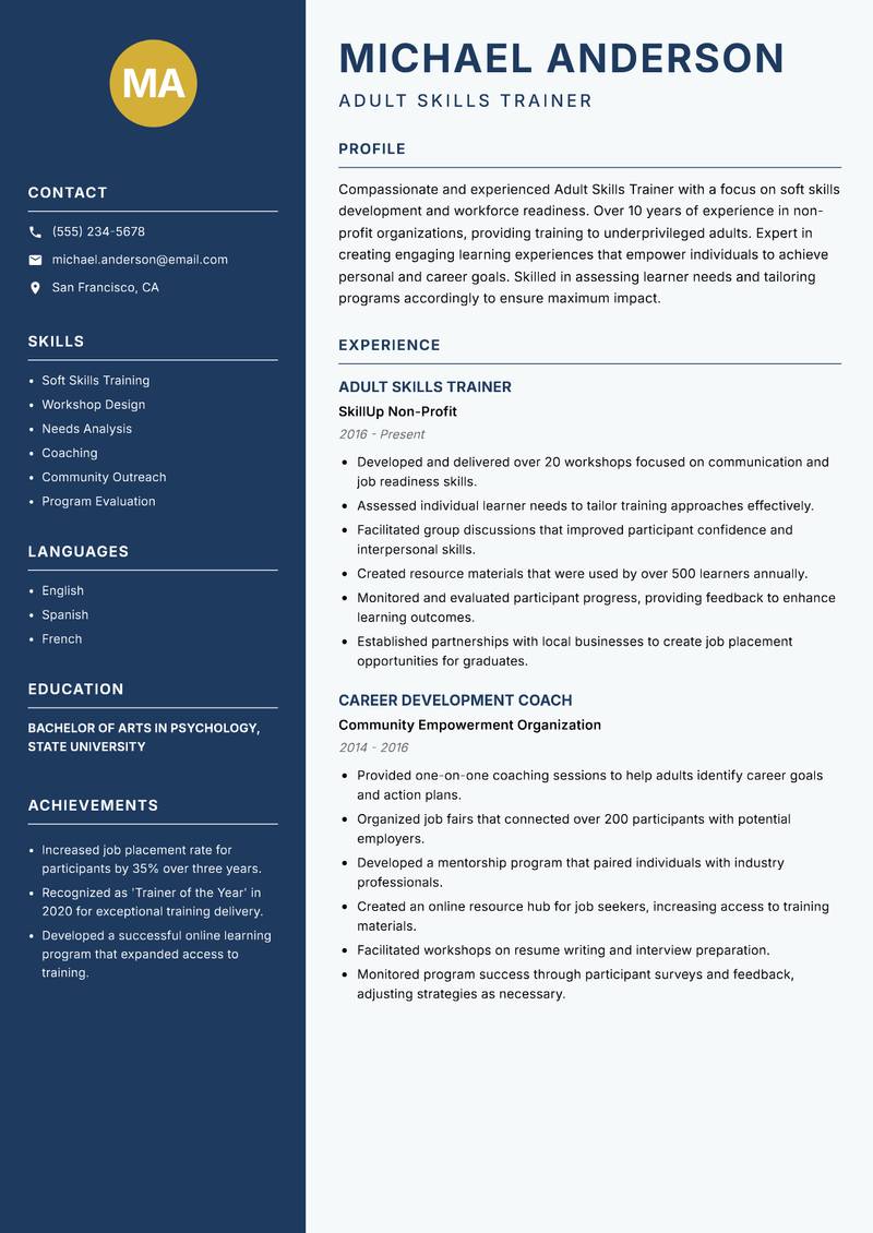Adult Skills Trainer resume sample — Adult Skills Trainer focus
