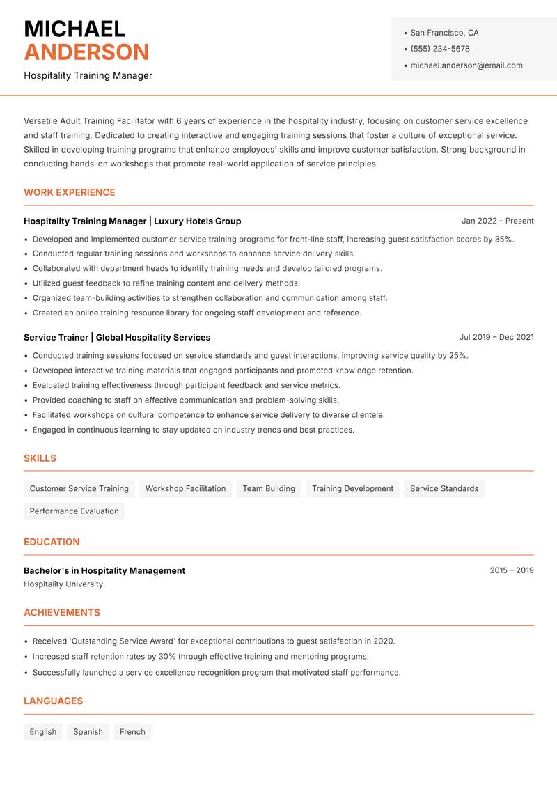 Adult Training Facilitator resume sample — Hospitality Training Manager focus