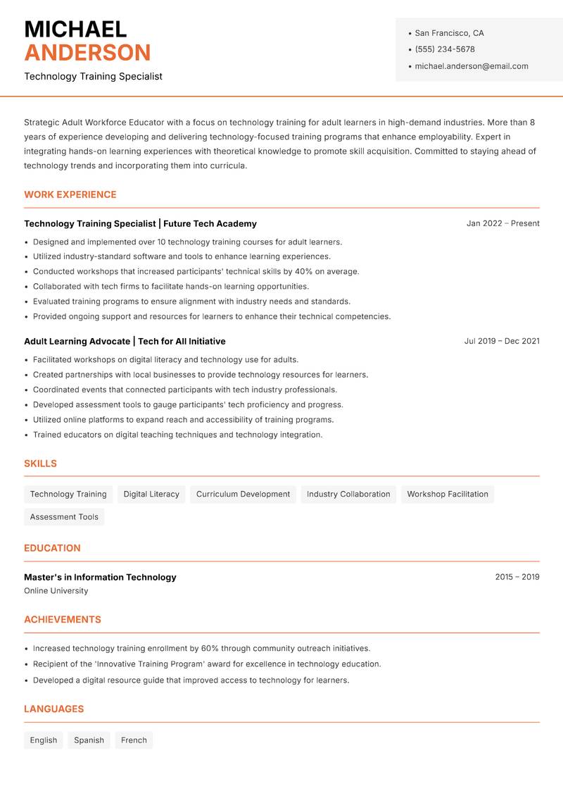 Adult Workforce Educator resume sample — Technology Training Specialist focus